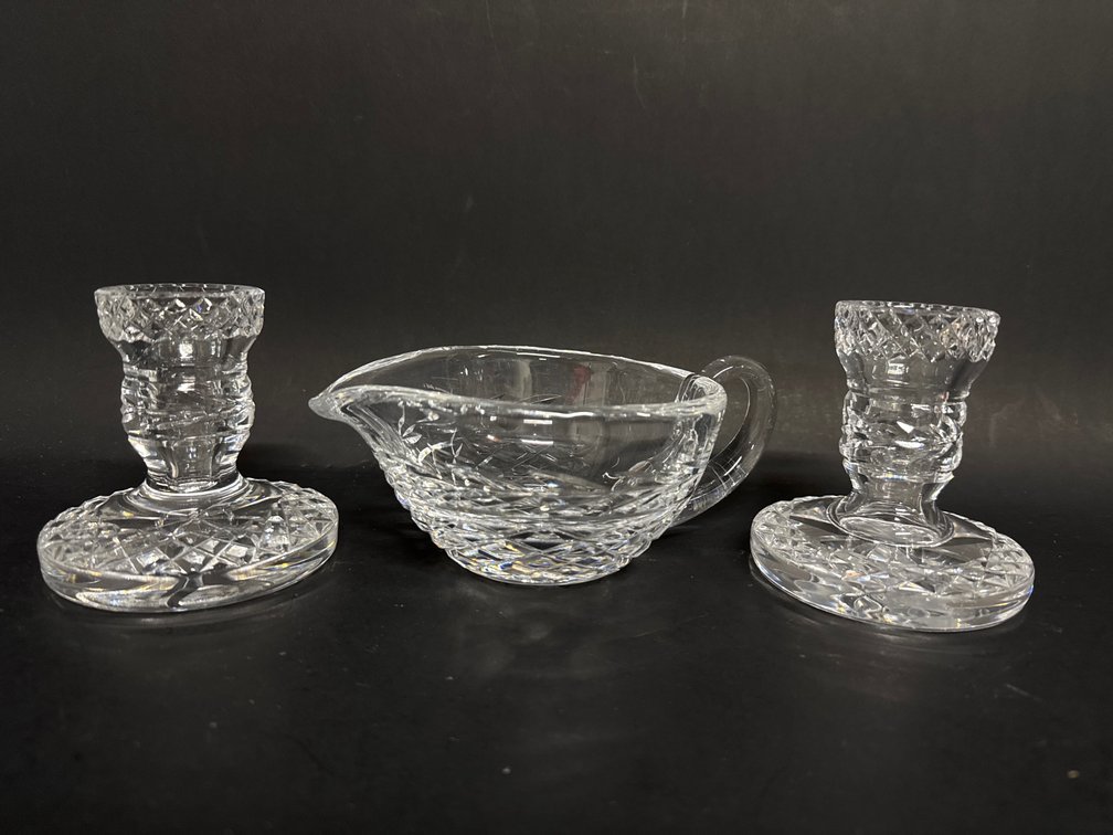 Waterford candlesticks, sauce boat