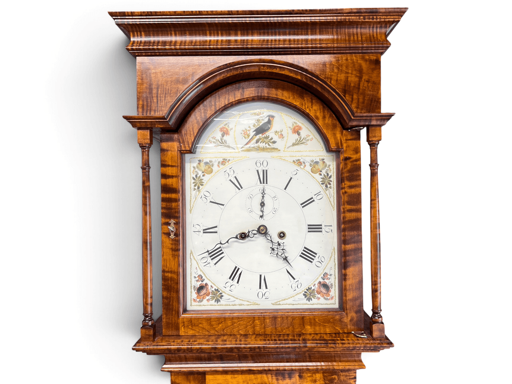 Bench made tiger maple tall case clock by John Redling (Trenton, NJ, d. 2026); RUNNING