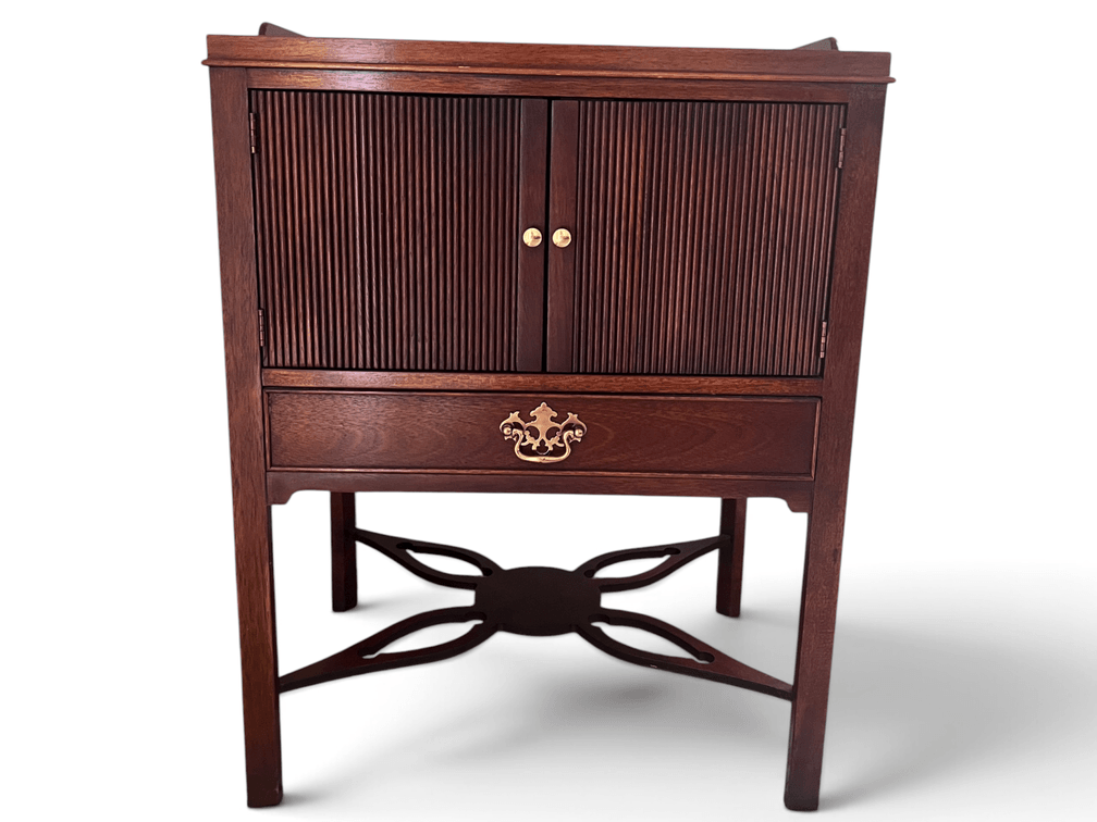 Baker mahogany tambour style double door stand with drawer