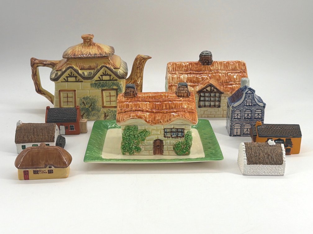 Staffordshire jam pot, cheese keeper, teapot