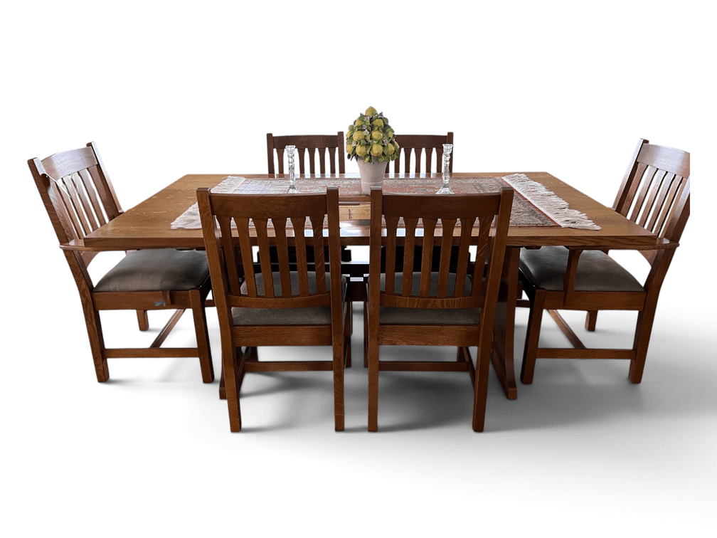Stickley oak trestle table and 6 Stickley chairs