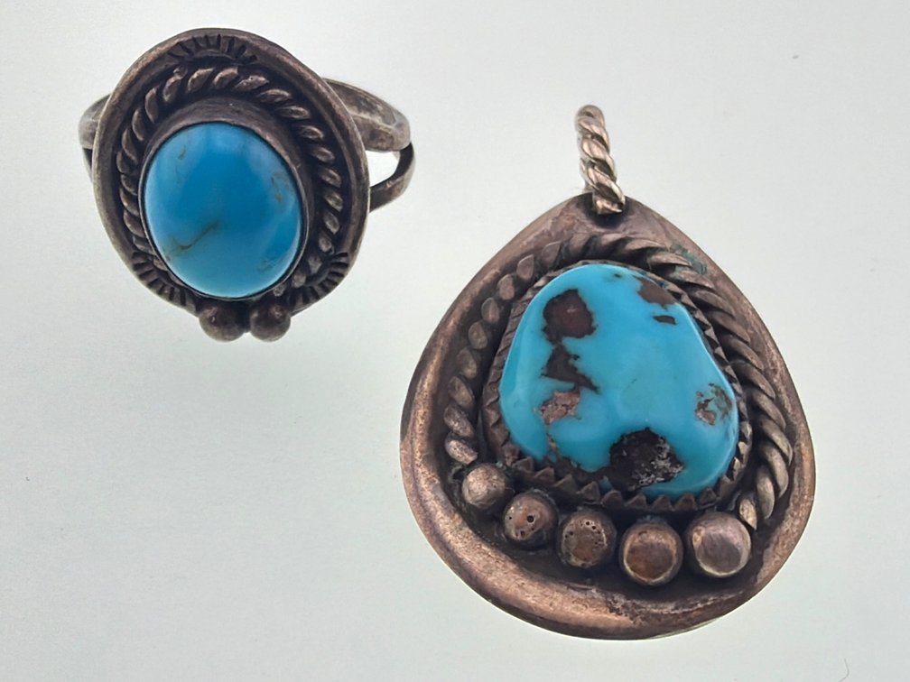 Native American sterling and turquoise ring and pendant