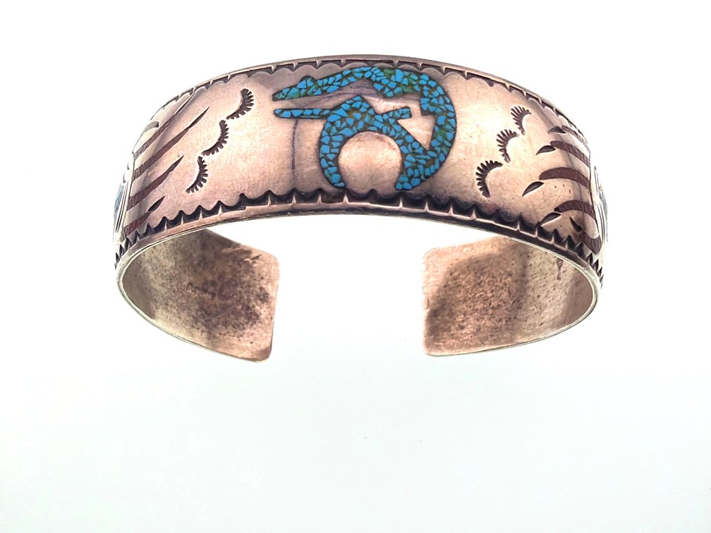 Native American sterling, coral and turquoise inlaid cuff