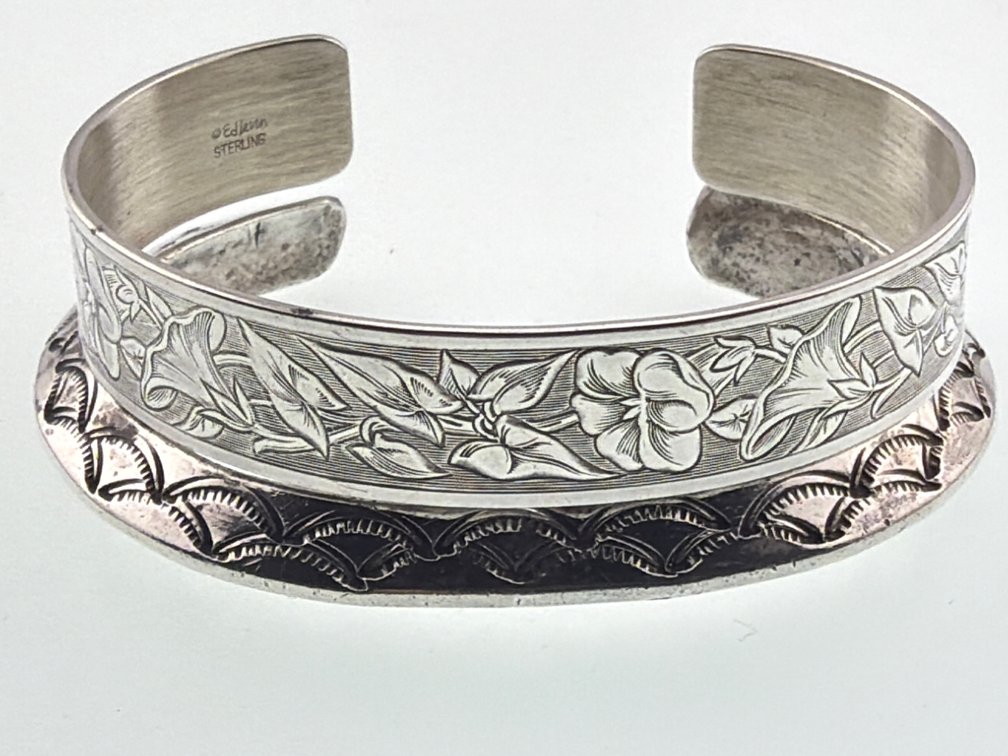 Ed Levin sterling floral cuff bracelet, Native American sterling cuff