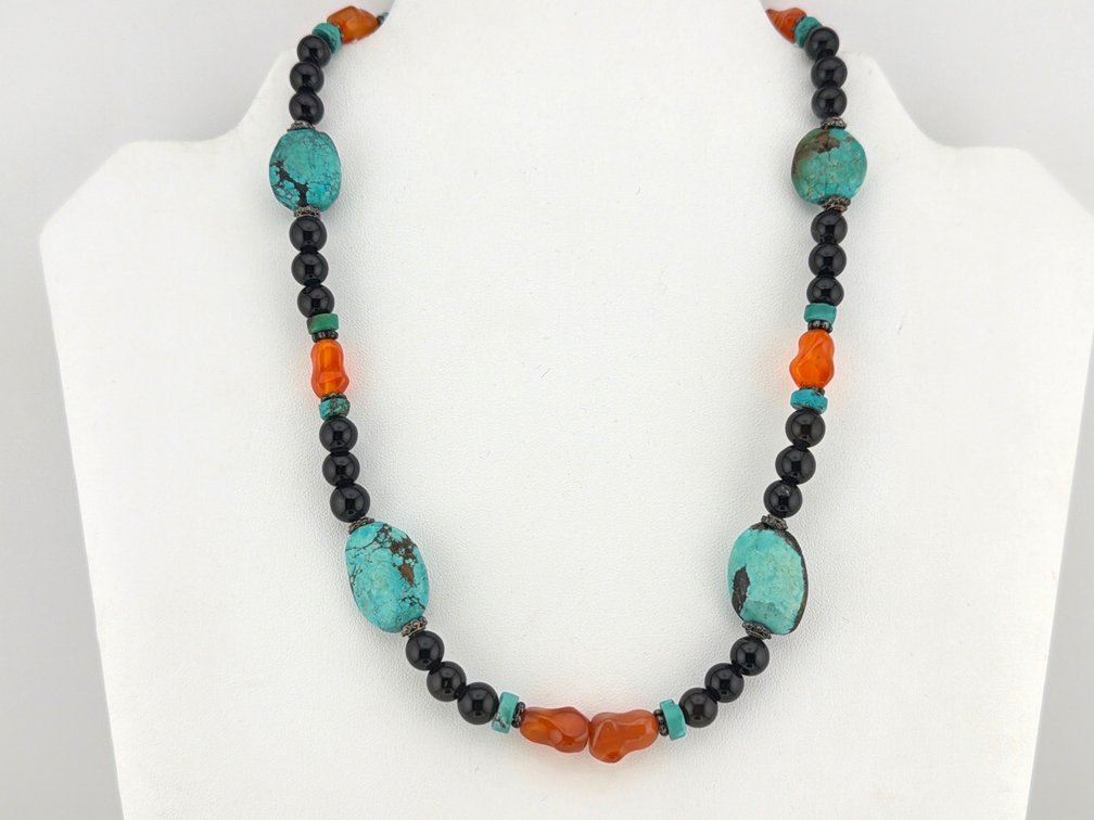 Sterling Native American onyx, amber and turquoise necklace