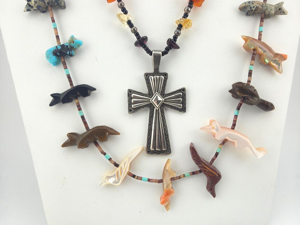 Two Native American fetish and beaded necklaces