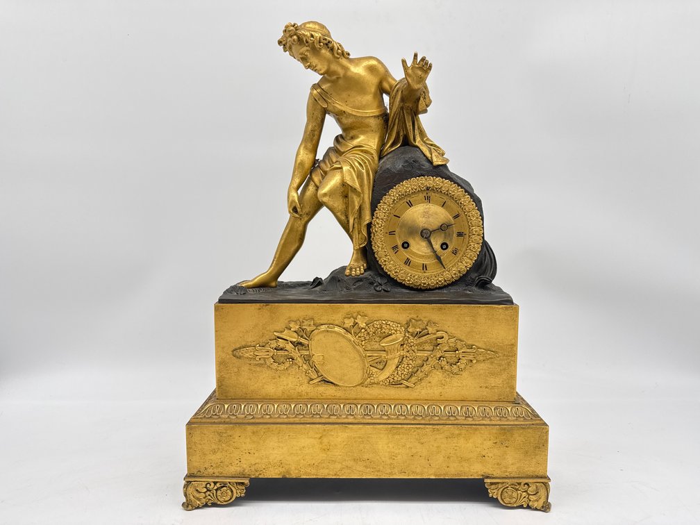 Gilt bronze French Classical Empire figurine mantle clock