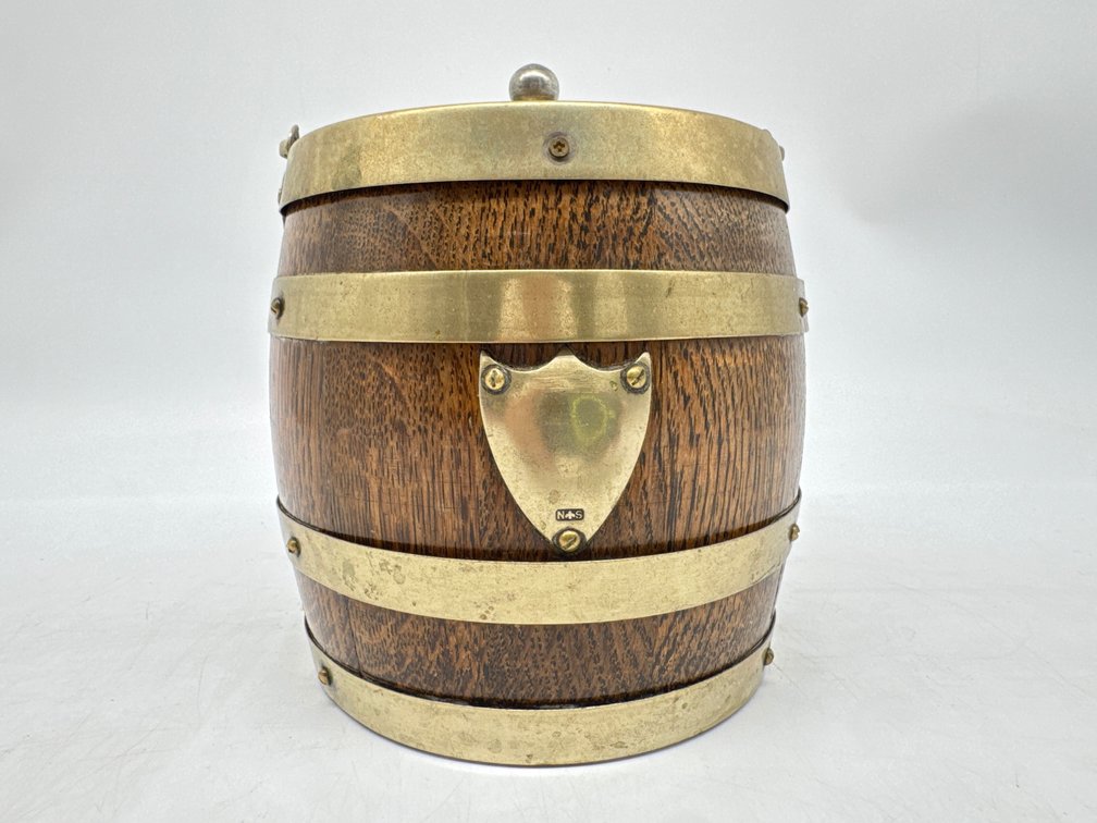 Antique nickel silver and oak biscuit barrel