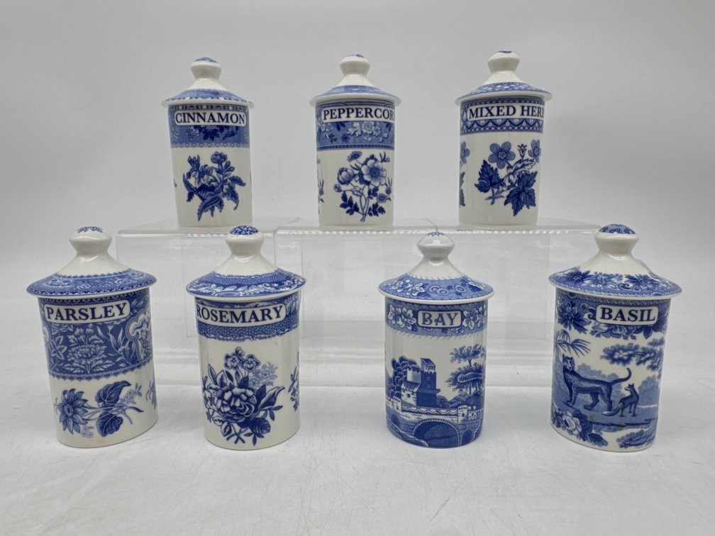 Blue and White Spode spice jars with lids