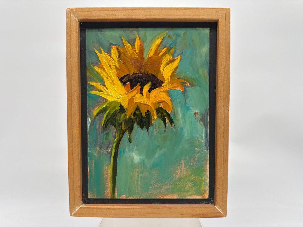 Small oil on board by Laura Loe of sunflower