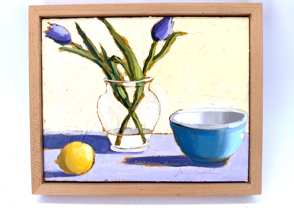 Signed Laura Loe 2003 oil on board of stillife with blue bowl and lemon