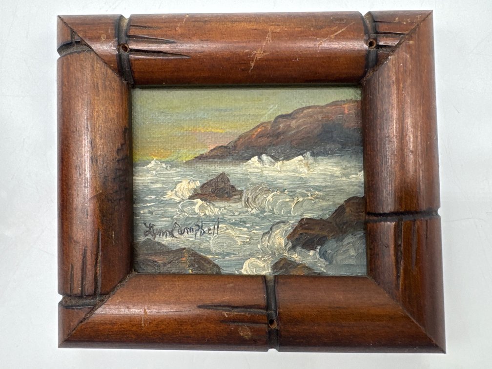 Miniature seascape oil on board in bamboo frame