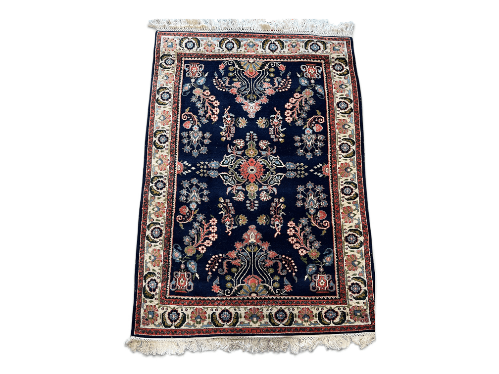 Katmuri signed navy Indian scatter rug; 49" x 72"