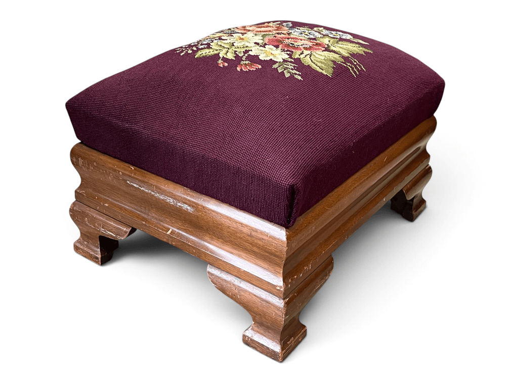 Labeled BIGGS mahogany needlepoint footstool