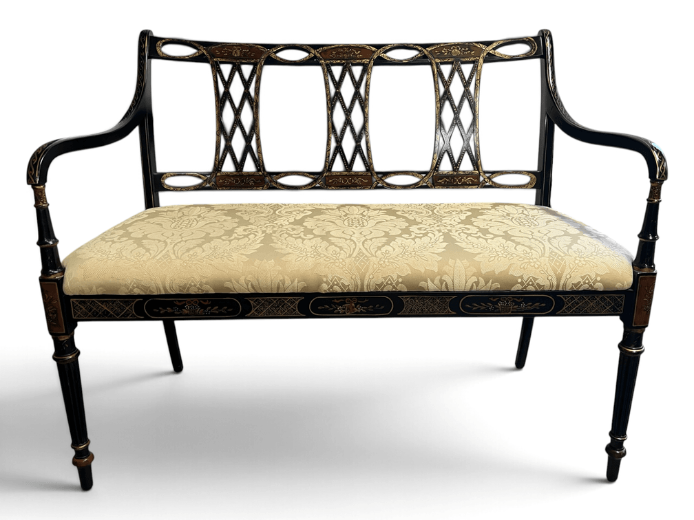 Highly decorated Sheraton style settee with pierced splat