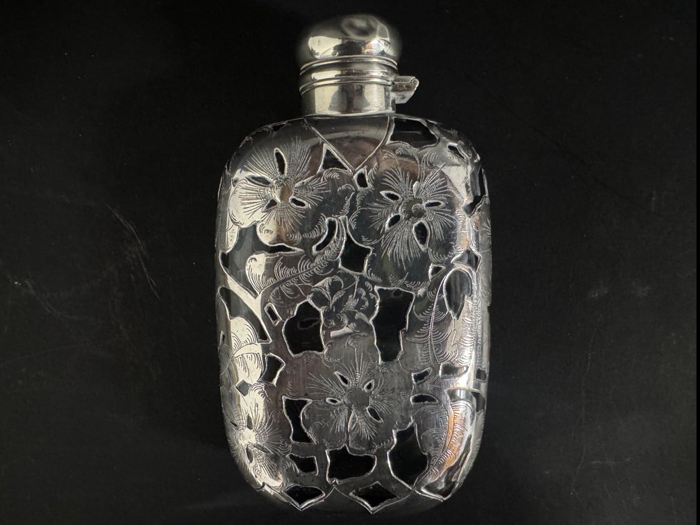 Solid silver and glass flask dated 1886