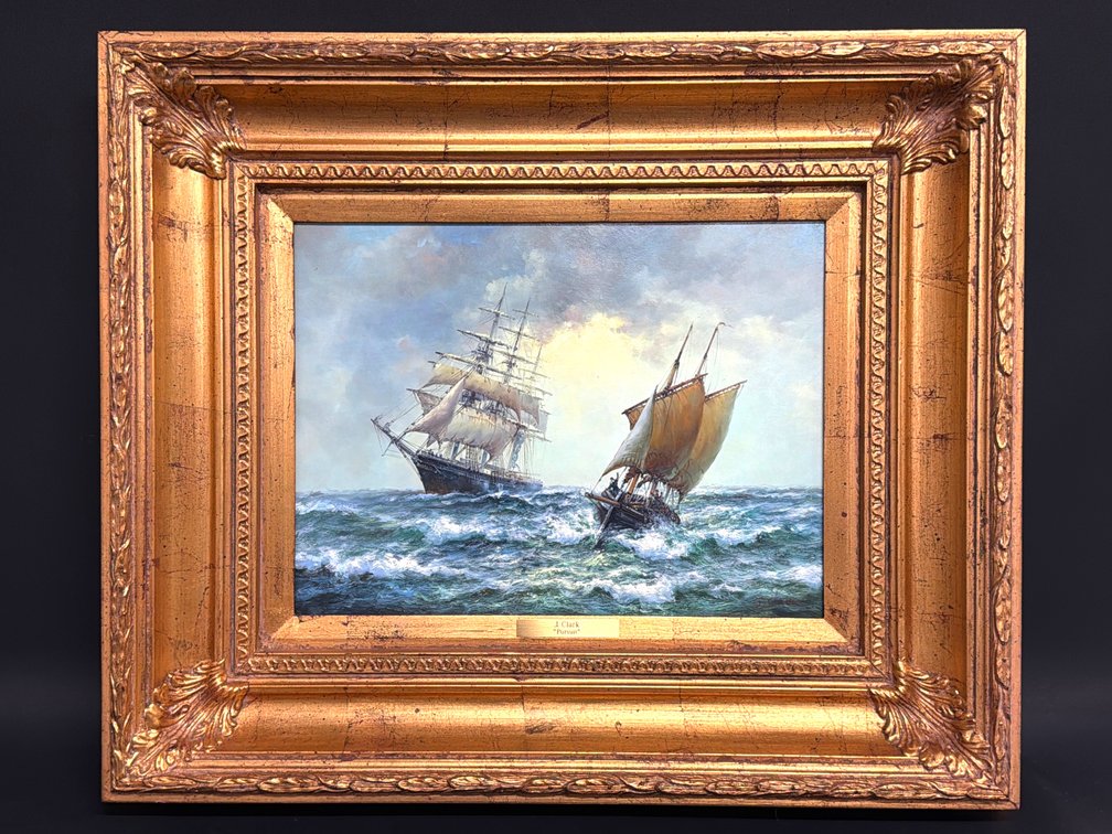 Decorative oil on board painting "Pursuit" by J. Clark