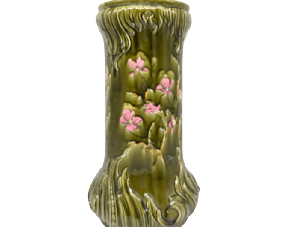 Art pottery umbrella stand with olive glaze and pink flowers signed Wessel