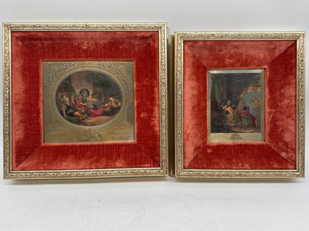 Pair of engraved copper plates in shadow box framed after Fragonard and Boudouin