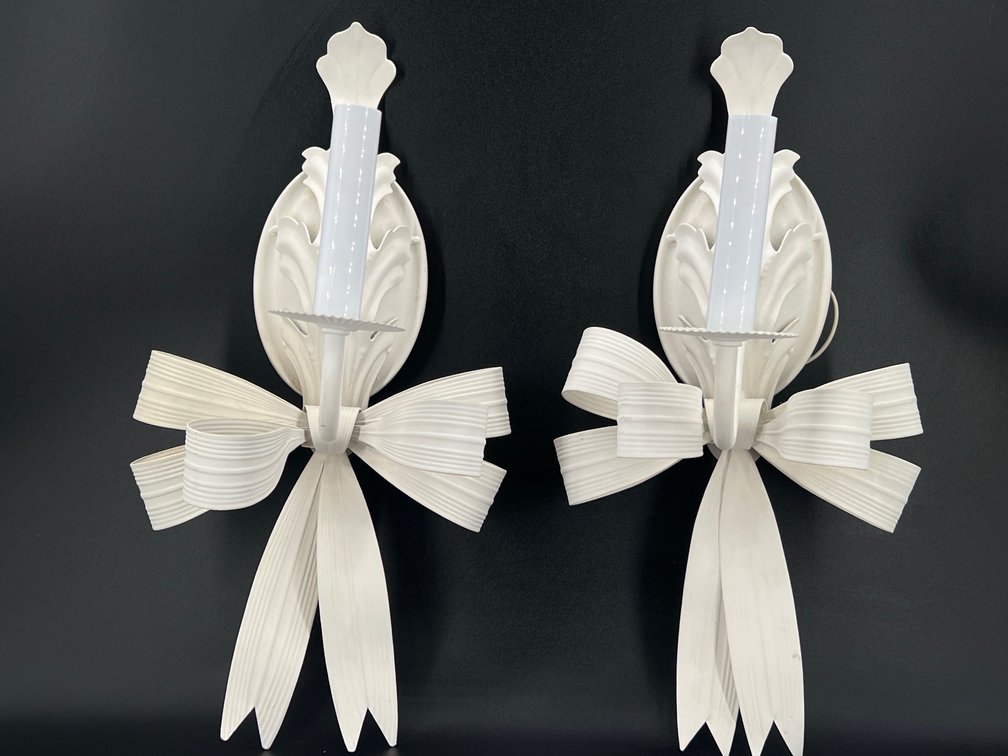 Pair of painted white metal single electrified scones with bow decoration