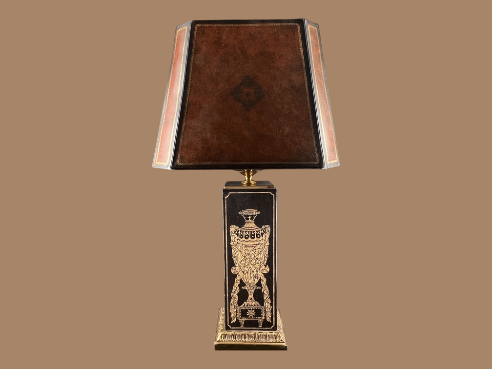 Handsome Maitland Smith leather and gilt decorated lamp
