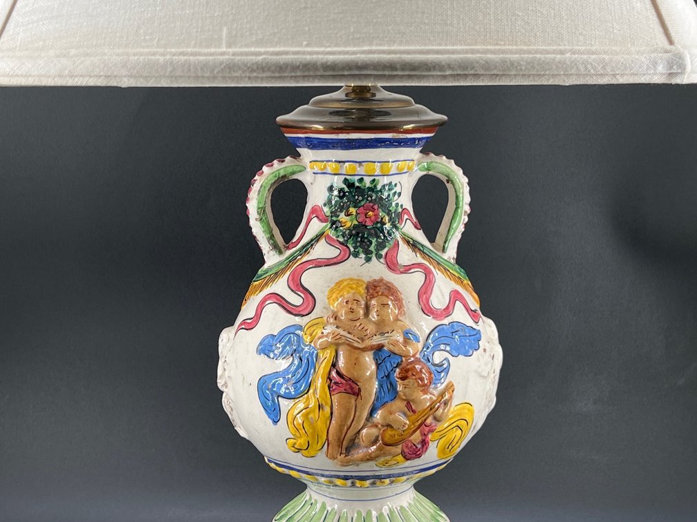 Italian raised relief lamp on decorative ormolu base with shade
