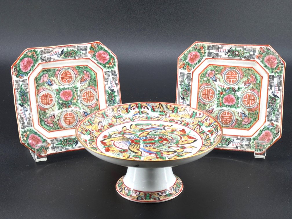 Antique Canton bowl, Rose Medallion plates, butterfly export stand