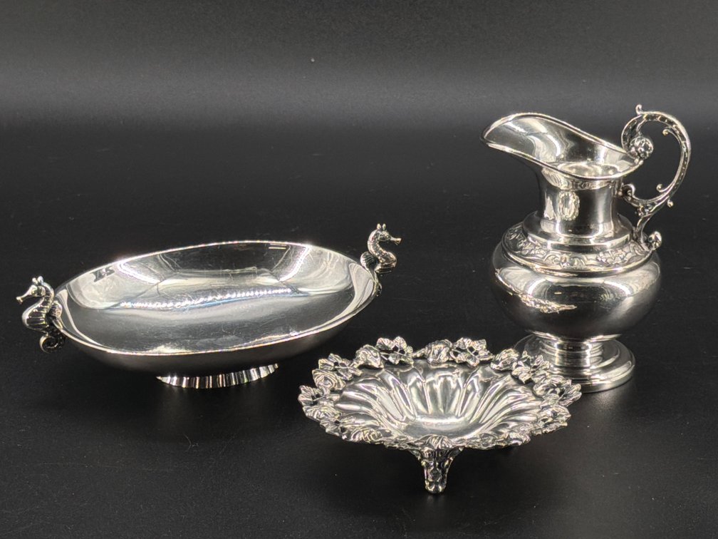 Silverplate creamer, dishes