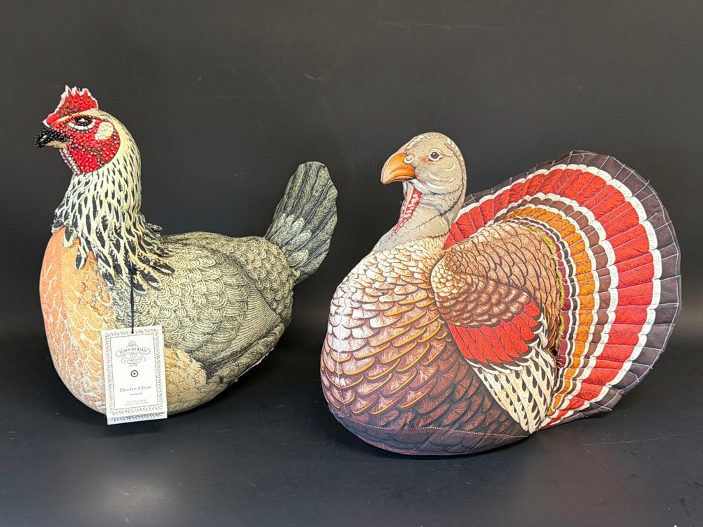 Turkey door stop, John Derian chicken pillow