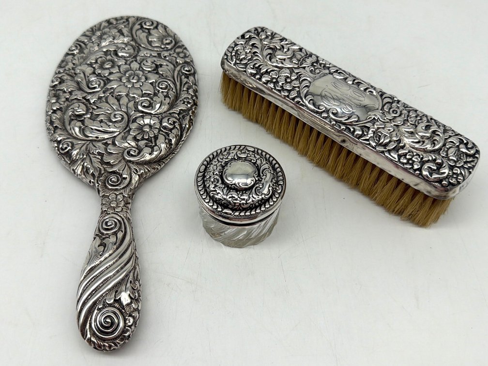 Sterling brush, jar, mirror