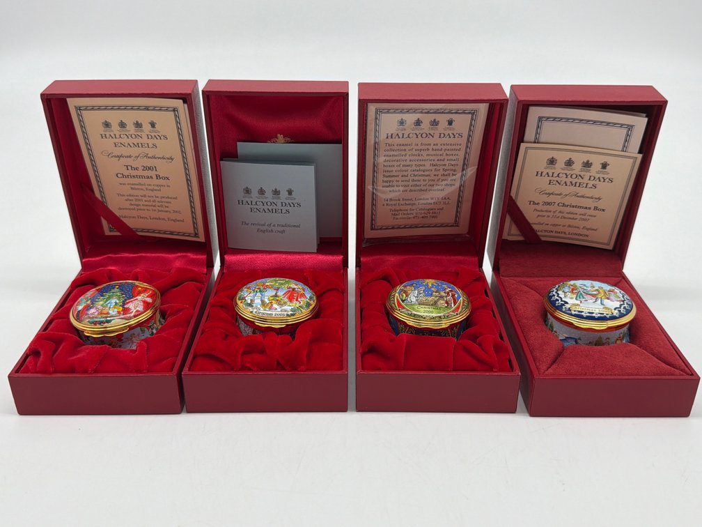 Halcyon Christmas enamel boxes in original boxes