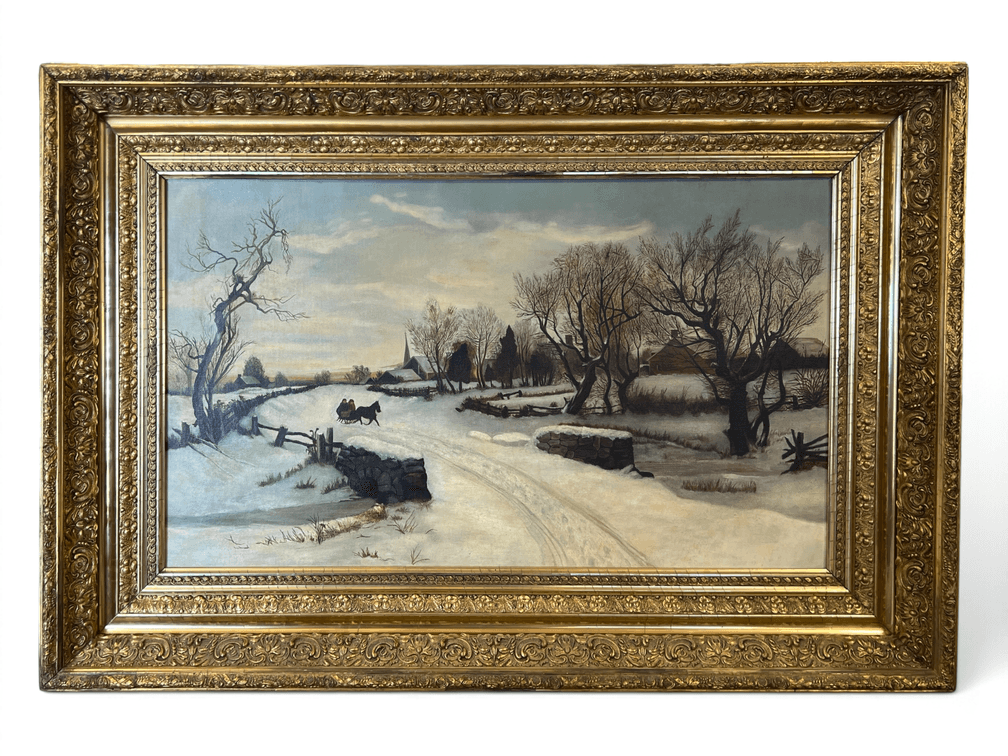 19th century unsigned oil on canvas of winter snow scene