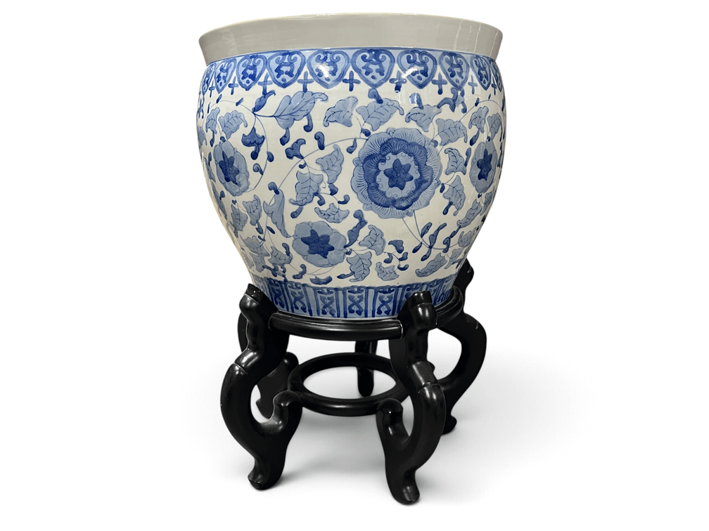 Large blue and white jardinière on stand