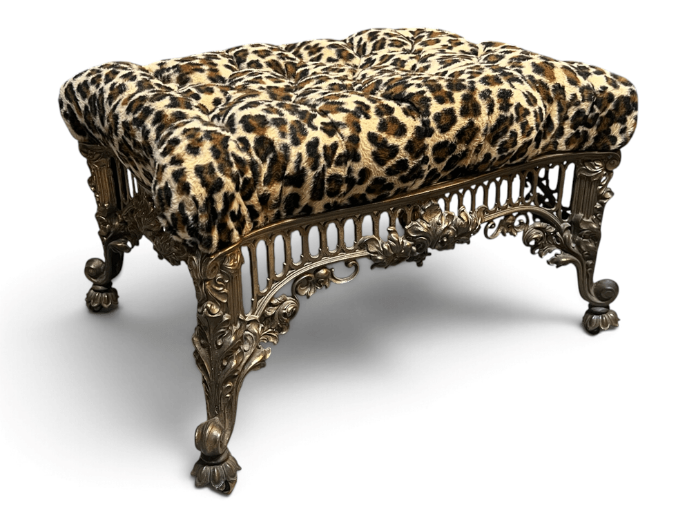 Leopard print tufted Victorian style ornate brass footstool on casters