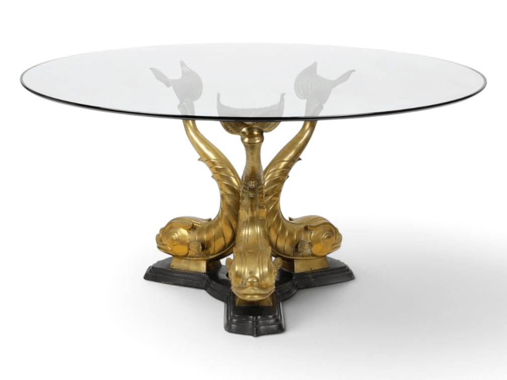 Bronze Hollywood Regency style round glass 48" table with dolphin base