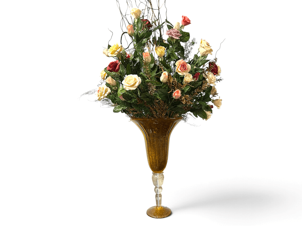 Large Murano glass vase with porcelain and artificial floral arrangement