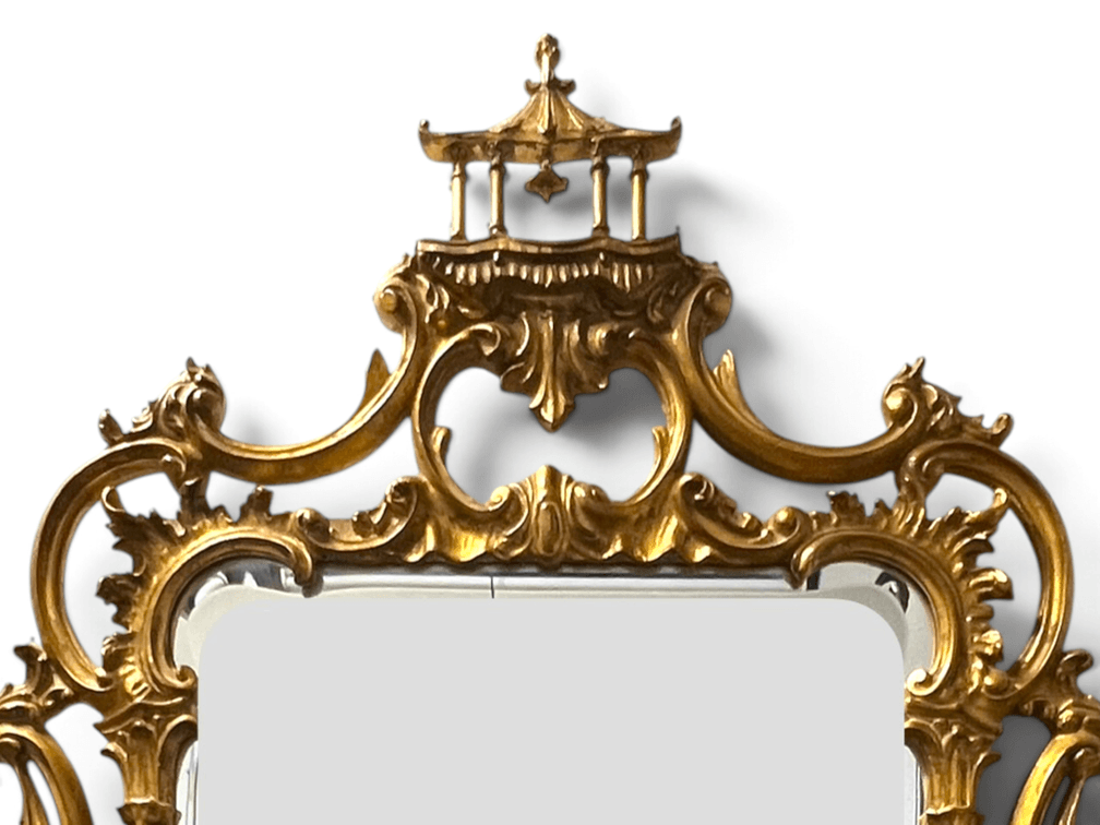 Beautiful gilded Carvers’ Guild Chinese Chippendale style mirror with pagoda