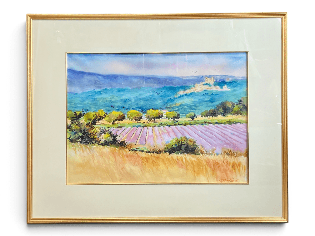 Large watercolor landscape “La Coste Lavender” by Eleanor Cox (Richmond, VA)