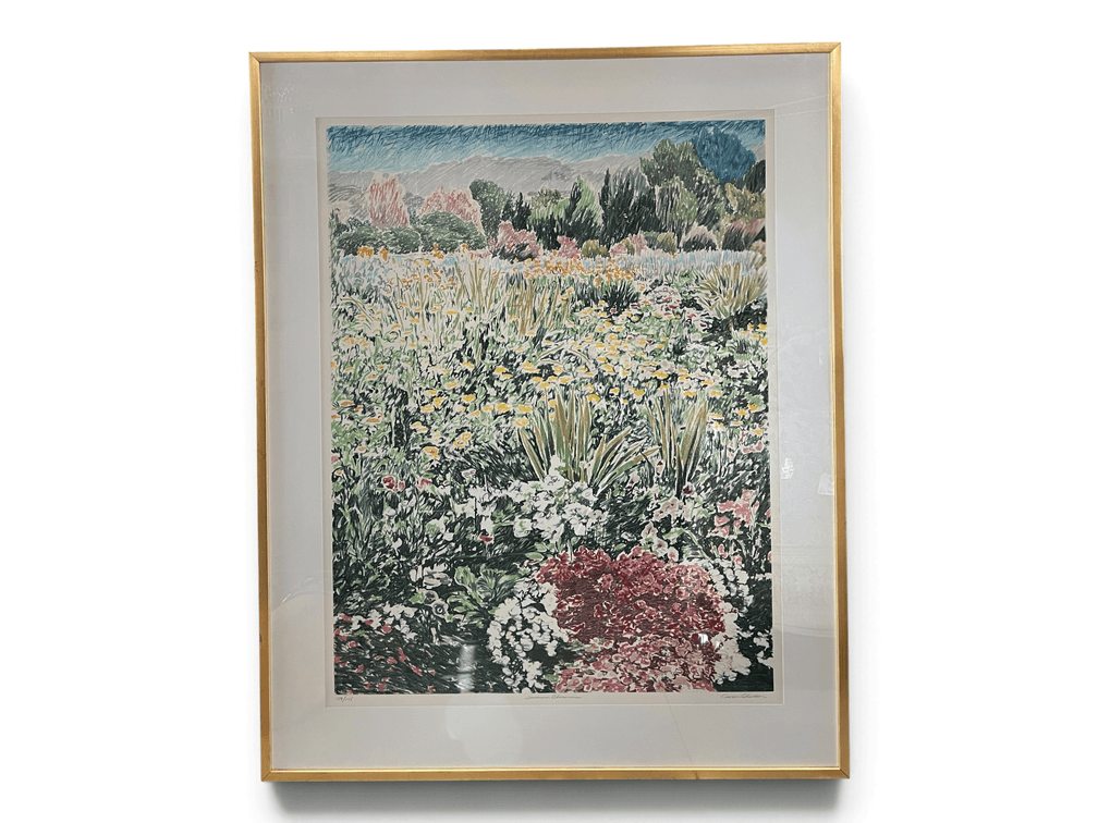 Large colored “Summer Blossoms” landscape print of summer flowers by Carson Gladson (American 1940-2023)