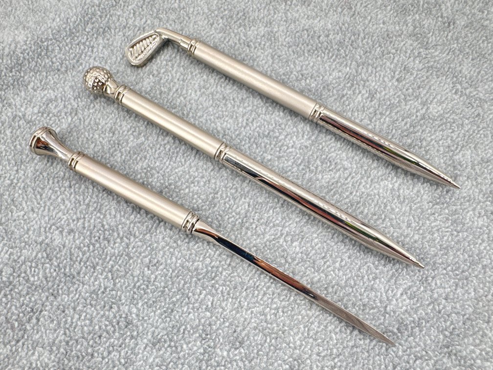 Silver tone golf themed desk pens and letter opener