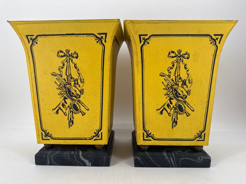 Nice pair of yellow toleware cachepots