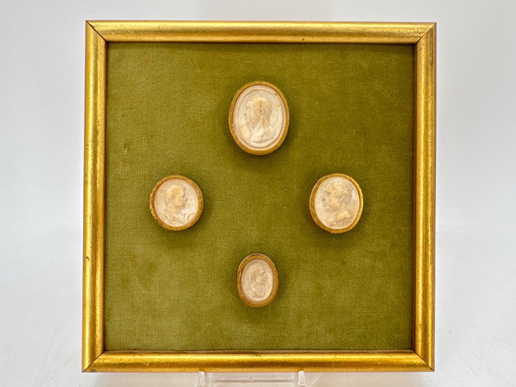 Framed composite of plaster seals mounted on green velvet