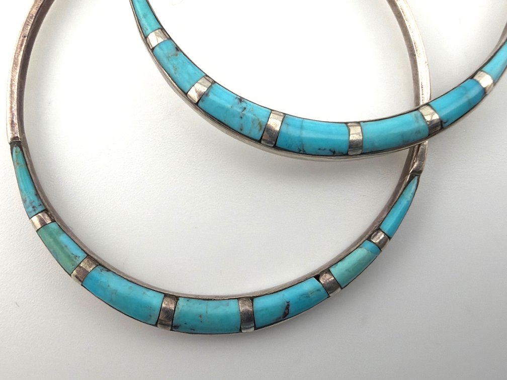 Pair of round dangle sterling and turquoise round disc earrings