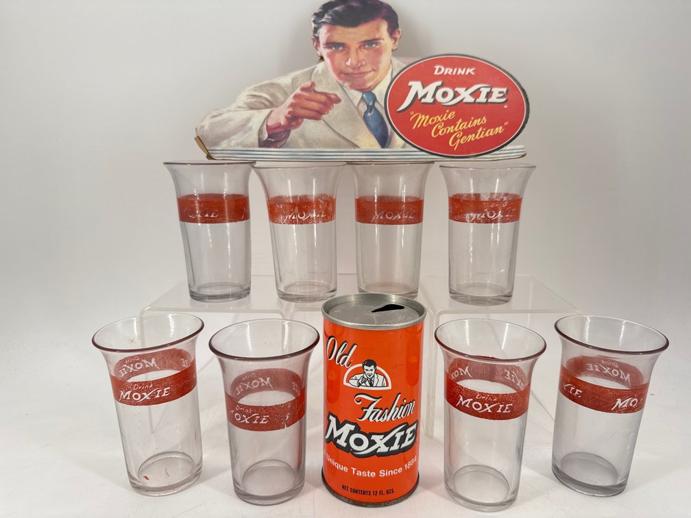 Collectible "Moxie" drink glasses and vintage advertising