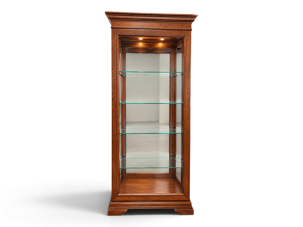 Hammary cherrywood lighted showcase with inlay surrounding front