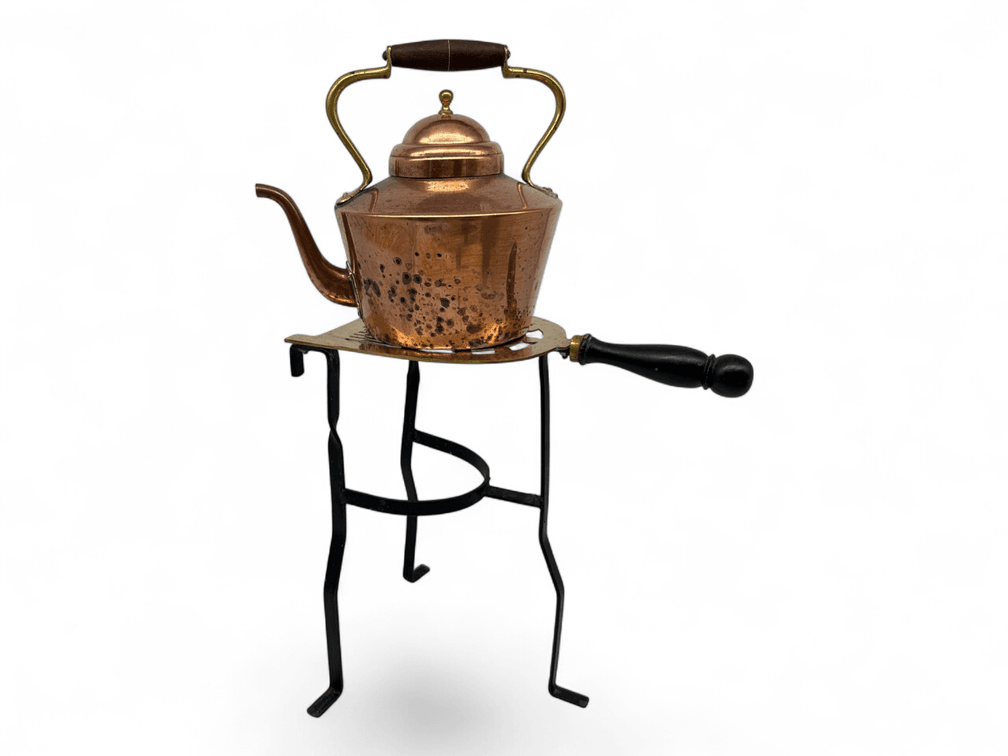 Copper kettle, brass and kettle stand