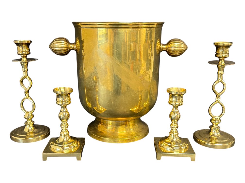 Brass ice bucket, candlesticks