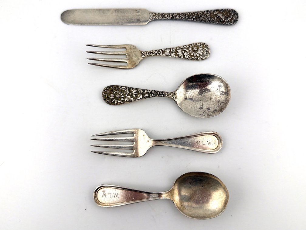 Two sets of sterling silver baby serving ware