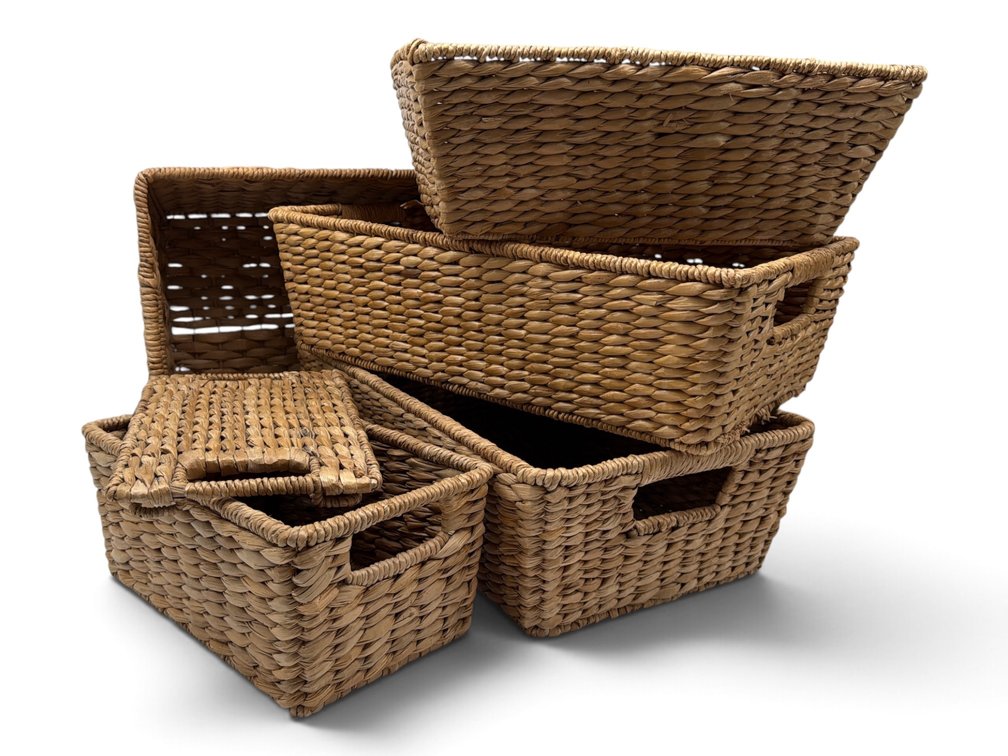 Five natural water Hyacinth storage baskets