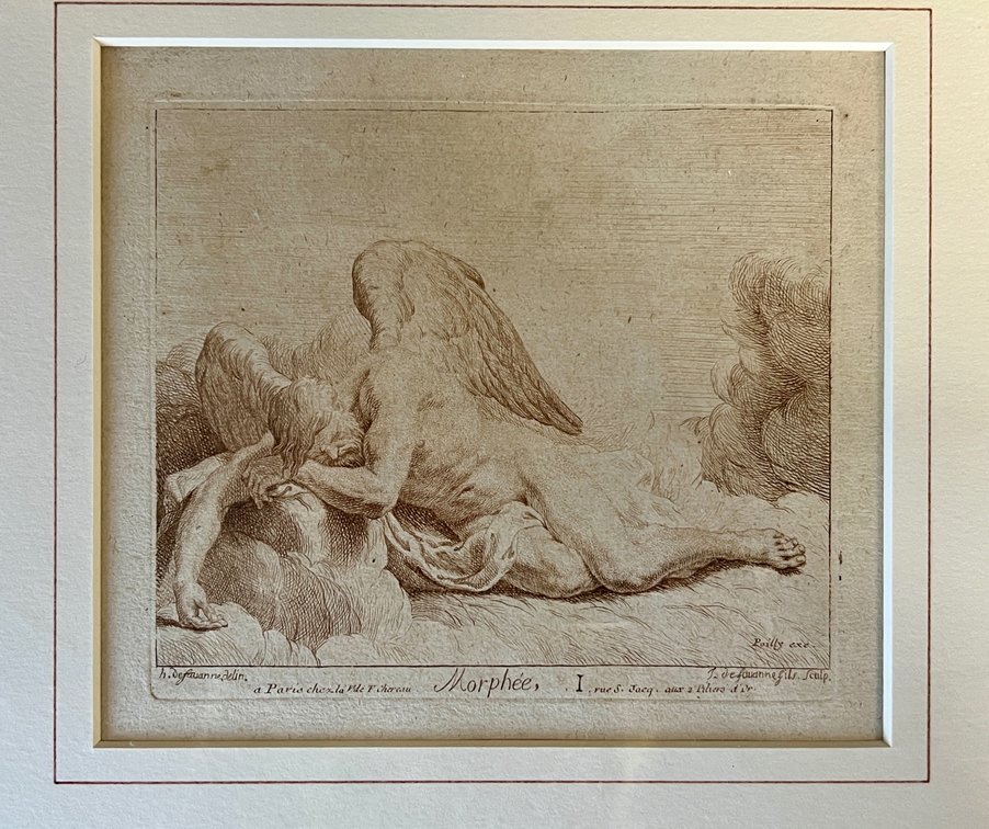 Nicely framed sienna engraving of Morpheus after Jacques de Favanne